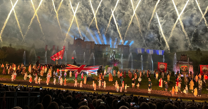 The firework finale of Kynren - An Epic Tale of England out-door performance, Bishop Auckland.